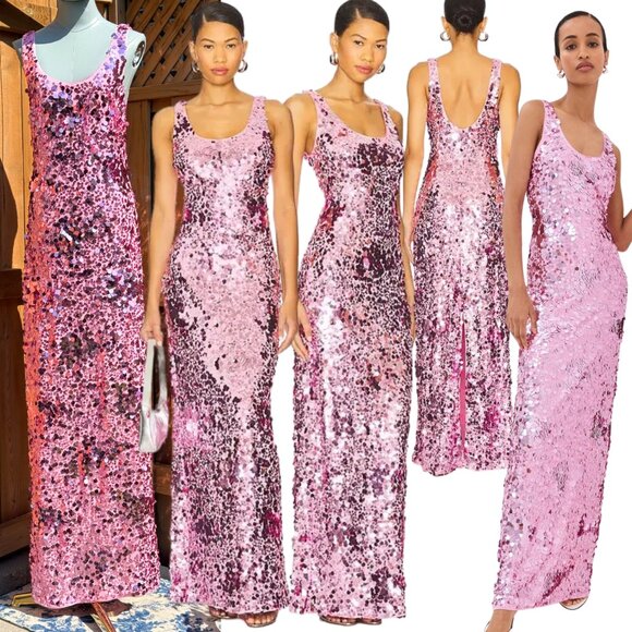 🆕 SIMKHAI 🧿 NWOT Bex Sequined Embellished Maxi Dress, Sorbet Pink- Sz US 4 - Picture 1 of 15